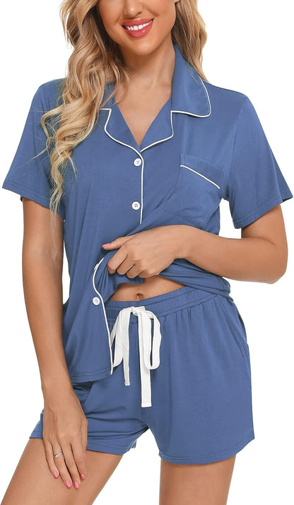 Womens Pajamas Set Short Sleeve Sleepwear Button down Nightwear Shorts Soft Pj