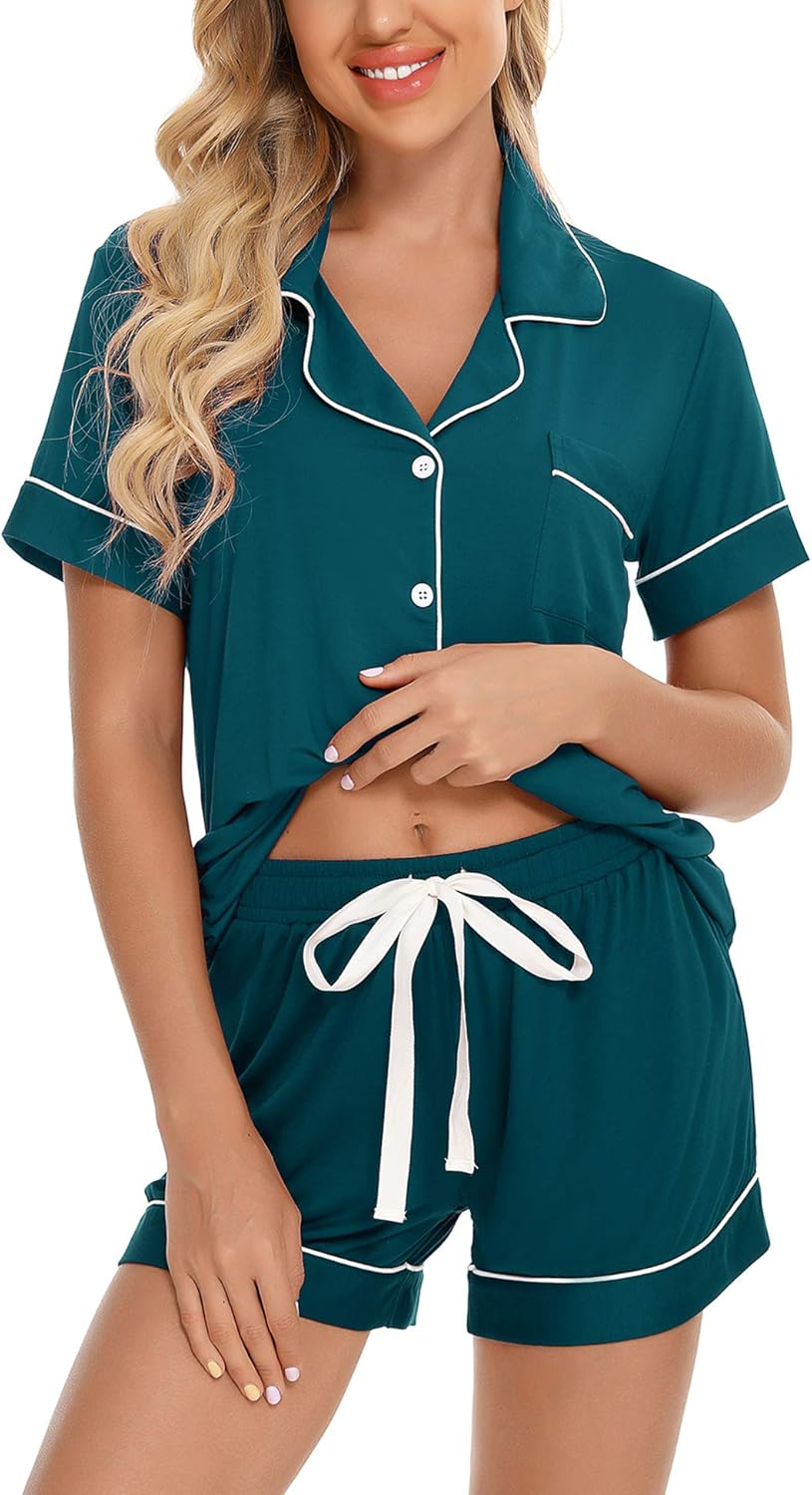 Womens Pajamas Set Short Sleeve Sleepwear Button down Nightwear Shorts Soft Pj